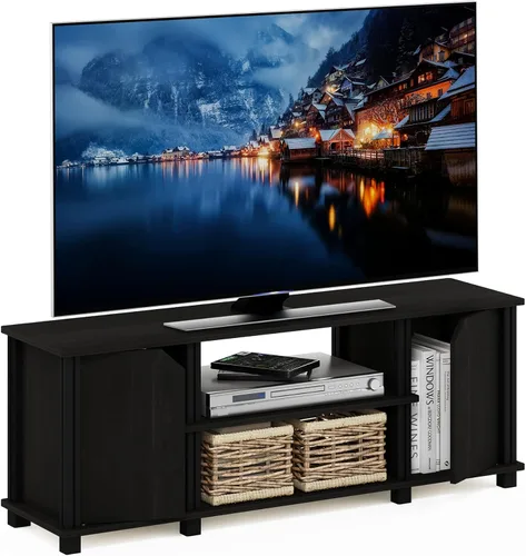 Vista 10 de Furinno Jaya - Soporte de diseño simple para TV de hasta 55 pulgadas con compartimentos, americano/cromado/negro