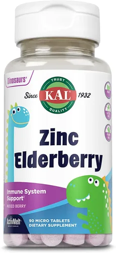 KAL Dinosaurios de saúco de zinc para niños, suplemento de apoyo inmunológico* para niños con bayas de saúco Sambucus, bayas mixtas de disolución