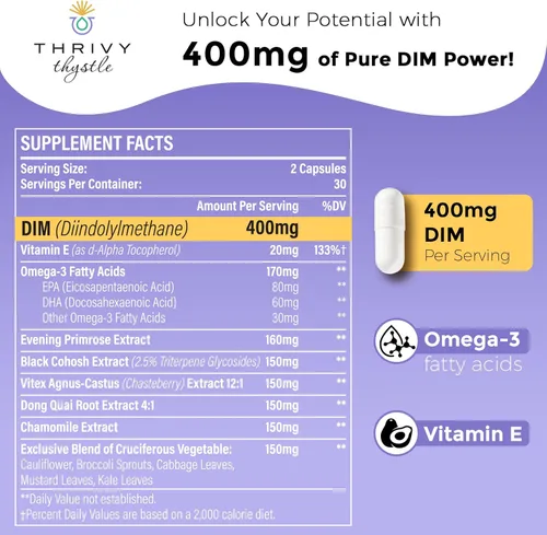 Vista 2 de DIM liposomal 400 mg - Equilibrio hormonal, apoyo de estrógeno para mujeres, suplemento DIM con vitamina E, onagra, cohosh negro, ácidos grasos