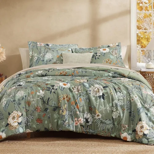 Vista 13 de CASAAGUSTO - Juego de edredón de 5 piezas, diseño floral verde, juego de ropa de cama en una bolsa, con edredón botánico con mariposas, sábanas