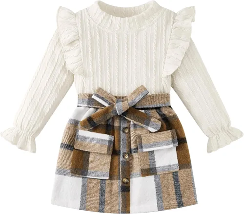 Weixinbuy Conjunto de minifaldas de manga larga acanalada de punto acanalado para niña pequeña para otoño e invierno