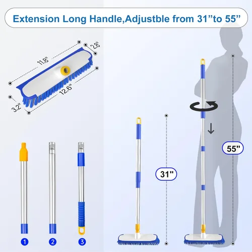 Vista 5 de ITTAR Cepillo extensible de 55 pulgadas, 12 pulgadas de ancho, cepillo 2 en 1 para limpieza de suelos de azulejos, ducha, cocina, restaurante, patio