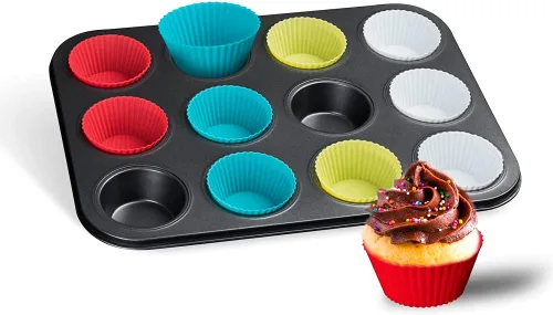 Baketivity Molde para magdalenas de 12 tazas con forros de silicona multicolor para magdalenas, sartén antiadherente de acero al carbono de alta