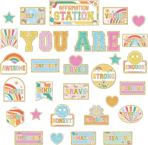 Hippie Retro Groovy Affirmation Station - Juego de tablones de anuncios motivacionales bohemios, hippie, decoración de aula, afirmaciones positivas,