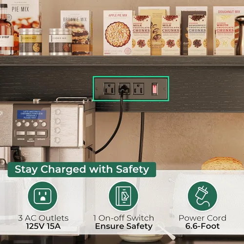 Vista 4 de SUPERJARE Estante de panadería con toma de corriente, barra de café de 35.4 pulgadas con canasta de alambre, soporte para microondas de cocina con 6