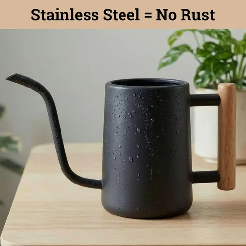 Vista 3 de Regadera de metal de 35 onzas, pequeña para interior, con boquilla larga y mango de madera real para plantas de casa, suculentas, cactus y plántulas