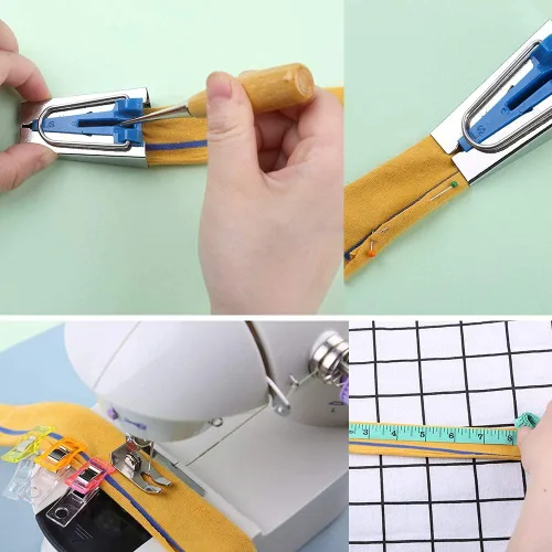 Vista 4 de LUNARM Kit de cinta al bies, herramienta de cinta al sesgo con instrucciones, máquina de sesgo de 4 tamaños con 60 clips de costura, 50 pines