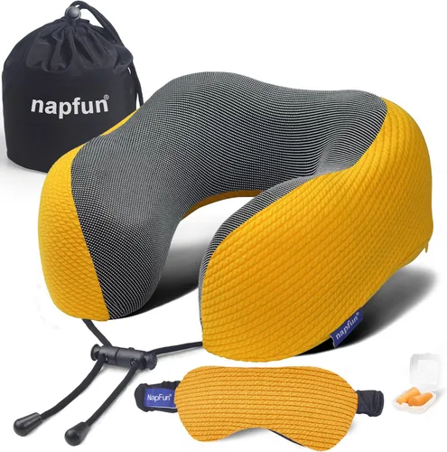 Vista 11 de napfun Almohada de cuello para viajes con bolsa de viaje, máscara de sueño y tapones para los oídos, almohada de espuma viscoelástica para dormir