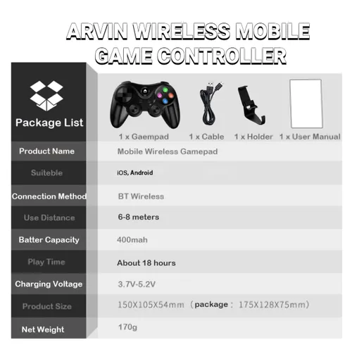 Vista 7 de arVin Wireless Game Controller for iOS & Android, Bluetooth Gamepad Joystick with Phone Holder for iPhone 15/14/13/12, Samsung Galaxy S22/S21/S20