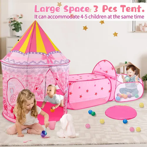 Vista 4 de Tienda de campaña de 3 piezas de princesa de cuento de hadas para niños, túnel de gateo en cubos, pozo de pelotas para niños pequeños, castillo