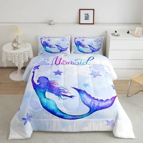 Juego de edredón con diseño de sirena tamaño King, juego de edredón con estampado de acuarela púrpura de sirena y estrella de mar para habitación de