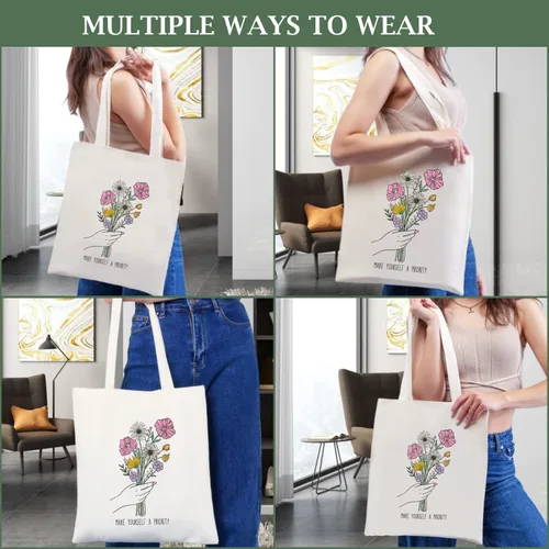 Vista 5 de Andeiltech Bolsa de lona para mujer, estética, bonita, para compras, comestibles, reutilizable, con cremallera interior, regalo para mujer