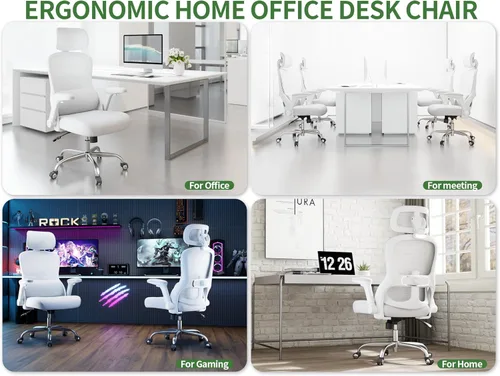 Vista 9 de Silla de oficina ergonómica blanca Silla de escritorio de malla cómoda con soporte lumbar ajustable Silla de juegos de computadora de respaldo alto