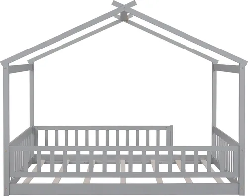 Vista 7 de Merax Cama de madera de tamaño matrimonial con valla, marco de cama de madera con techo y barandilla de seguridad para niños, adolescentes, niños