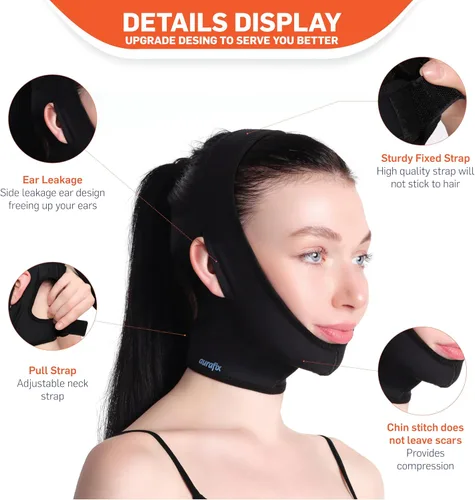 Vista 4 de Correa de barbilla posquirúrgica para mujer, compresión de cuello y barbilla, correas para la cara, ajuste de la papilla (M, negro)