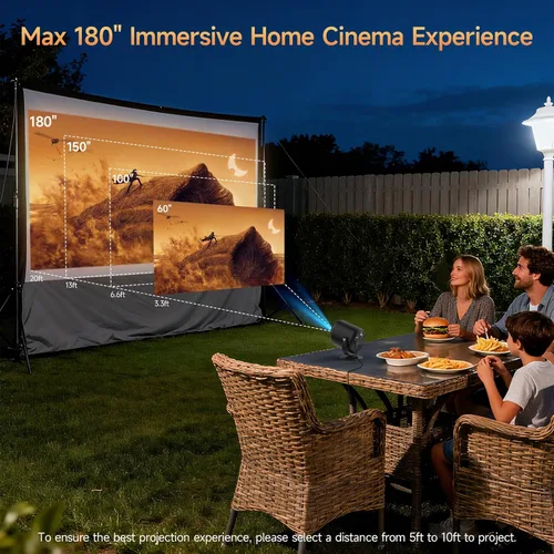 Vista 6 de Mini Proyector con WiFi y Bluetooth, Proyector Portátil Nativo 1080P Compatible con 4K con Soporte Ajustable de 180°, Pantalla Máxima de 180