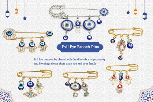Vista 6 de Turquía Evil Eye Rhinestone Charm Blue Lucky Eyeball Manos Broche Pines Joyería para la Buena Suerte