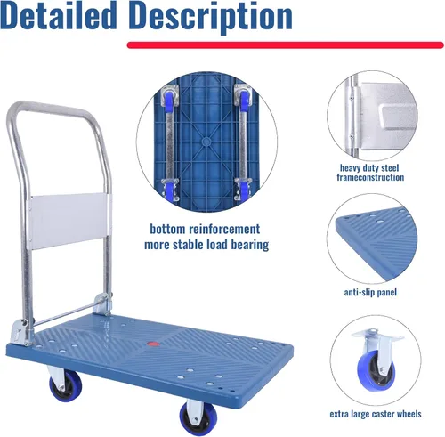 Vista 3 de Carrito pequeño de plataforma plana de 380 libras, carrito de plataforma plegable con ruedas giratorias, camión de mano con plataforma móvil