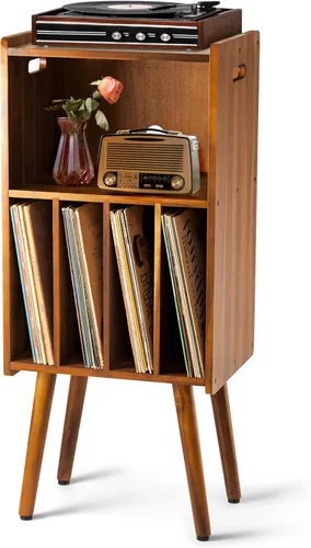 Vista 9 de 2BHOME Soporte de madera para tocadiscos LP con 4 gabinetes, capacidad para hasta 100 vinilos, soporte de almacenamiento de discos de metal y mesa