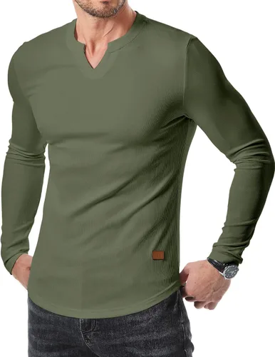 Vista 18 de JMIERR Camisetas de manga larga para hombre, estilo casual, cuello en V Negro+Blanco