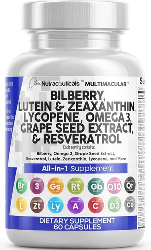 Vitaminas oculares Clean Nutra con Bilberry, Luteína y Zeaxantina, Suplementos de Licopeno 40mg, Resveratrol, Semilla de Uva, Astaxantina para los