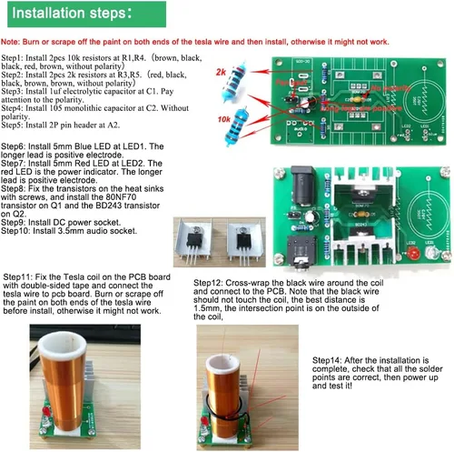 Vista 4 de ISolderStore Kit de bobina de bricolaje Mini Tesla de 15 W, kit de bricolaje electrónico, mini música, Tesla, bobina de plasma, kit de práctica