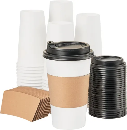 Vista 19 de RACETOP Tazas de café de papel de 12 onzas, paquete de 100 tazas de café desechables negras con tapas, tazas de papel caliente con tapas, taza