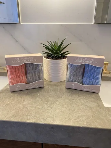Vista 4 de 2 esponjas corporales de silicona exfoliantes, cepillo corporal de baño o ducha de doble cara, esponja de silicona/esponja integrada, limpia