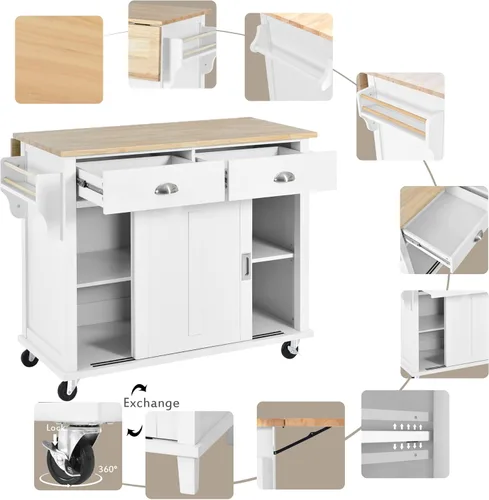 Vista 24 de P PURLOVE Carrito de isla de cocina con parte superior de madera y ruedas de bloqueo, carrito móvil de isla de cocina con armario de 4 puertas