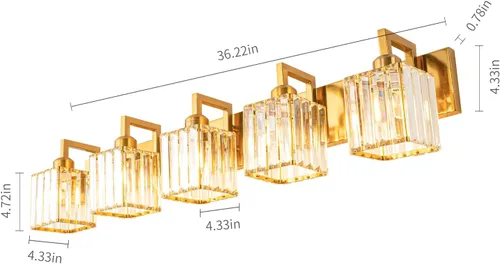 Vista 4 de Moderna lámpara de cristal para pared/tocador de baño, de 5 luces, color cromo Oro torcido