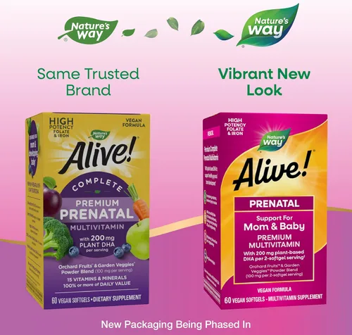 Vista 2 de Nature's Way ¡Alive! Multivitamínico prenatal completo, folato y hierro de alta potencia, 60 cápsulas blandas