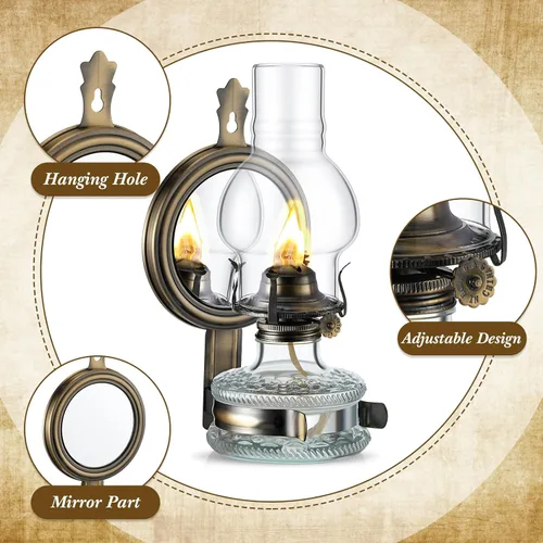Vista 5 de Yexiya 2 piezas de lámpara de queroseno grande, cámara de linterna de aceite, lámpara de pared vintage de vidrio transparente, rústica con mecha