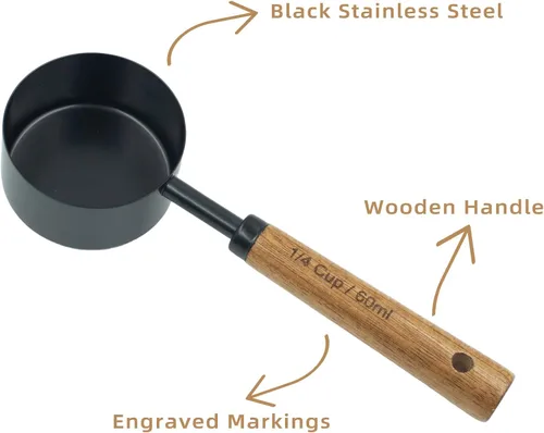 Vista 5 de Juego de 8 tazas y cucharas medidoras, taza medidora de acero inoxidable con mango de madera, para cocina/comida/líquidos/horneado (Negro)
