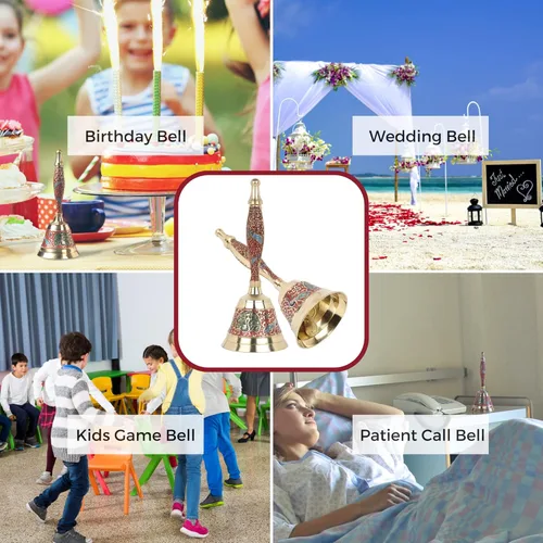 Vista 5 de Campana de llamada manual de latón macizo – Ghanti de latón para Pooja – Campana Puja para templo – Campana para decoración de eventos de boda