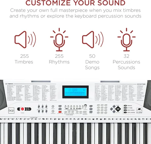 Vista 22 de Best Choice Products Juego completo de piano de teclado electrónico para principiantes de 61 teclas con teclas iluminadas, pantalla LCD