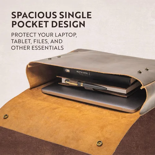 Vista 4 de MOONSTER - Bolsa de cuero para computadora portátil, funda de cartera, espaciosa, hecha a mano con diseño sin tirantes de cuero de búfalo de grano