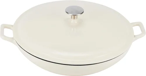 Amazon Basics Cacerola Sartén Redonda de Hierro Fundido Esmaltado con Tapa para Horno, 3.3 Cuartos, Blanco