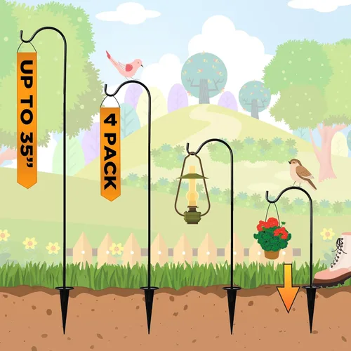 Vista 7 de Ganchos de pastor para exteriores, juego de 4 postes de jardín ajustables para comederos de pájaros, linternas solares, campanillas de viento