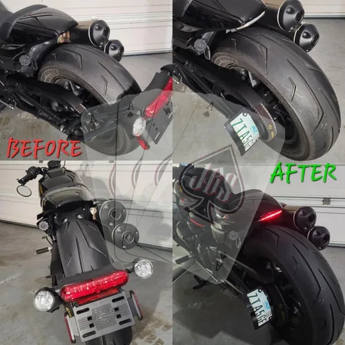 Vista 4 de JBSporty Kit de soporte de placa de matrícula de luz trasera LED/media luna. Compatible con Harley Davidson Sportster S 1250. Aspecto limpio