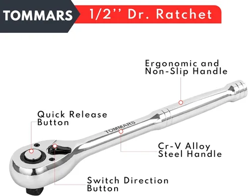 Vista 8 de TOMMARS Llave de trinquete de 1/2 pulgada, llave de trinquete de liberación rápida de 72 dientes, reversible, regalos para hombres, herramientas