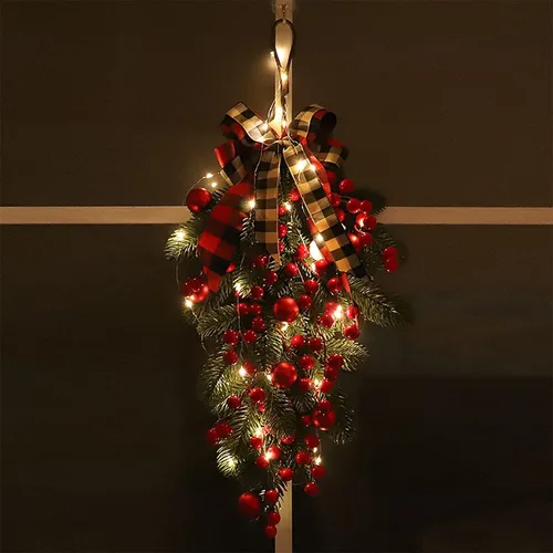 Vista 5 de MSUIINT 23.6 guirnaldas de Navidad con forma de lágrima de Navidad, guirnalda de flores artificiales con bayas rojas, adornos de bolas rojas y lazo