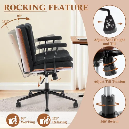 Vista 15 de Armless Modern Walnut Office Desk Chair with Wheels, PU Leather Adjustable Wide Swivel Executive Task Chair, Ergonomic Cross Legged Computer Chair