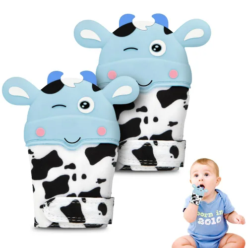 Paquete de 2 guantes de dentición de silicona, juguete de dentición de vaca para bebés de 0 a 6 a 12 meses, guantes de dentición de silicona de
