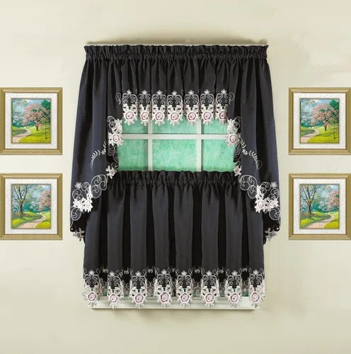 Vista 48 de Today's Curtain Verona cenefa bordada inversa, 14 pulgadas, negro/rosa, 60 pulgadas de ancho x 14 pulgadas de largo