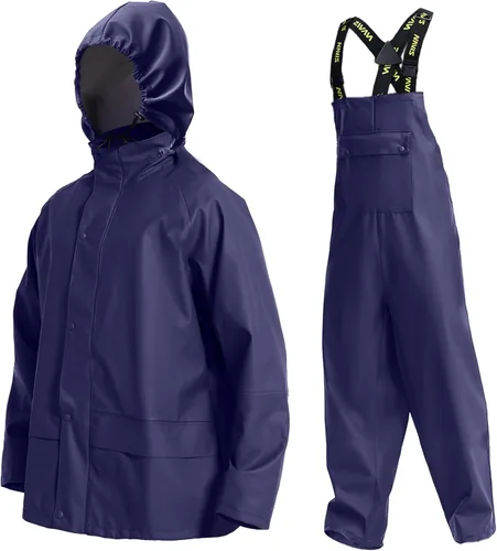 Men's Pro Workwear Rain Suit 3-Piece Waterproof Jacket with Zip Hood & Bib Pant Heavy-Duty PU for Industrial & Work