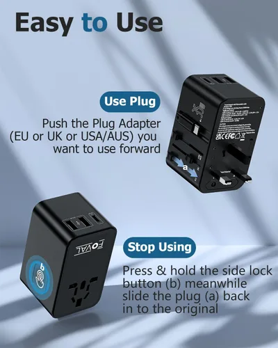 Vista 6 de FOVAL Adaptador de enchufe de viaje europeo, adaptador de viaje universal con cable USB C retráctil, adaptador de corriente internacional todo