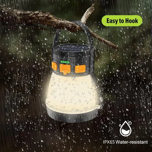 Vista 7 de Paquete de 2 linternas LED para campamento, 1500 lúmenes, linterna de campamento recargable con carga de panel solar, impermeable, 8 modos de luz