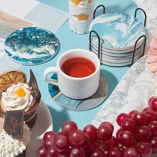 Vista 6 de 8 posavasos para bebidas con soporte, diseño de mármol océano, cerámica, absorbente, estilo océano, absorbente, con base de corcho para decoración