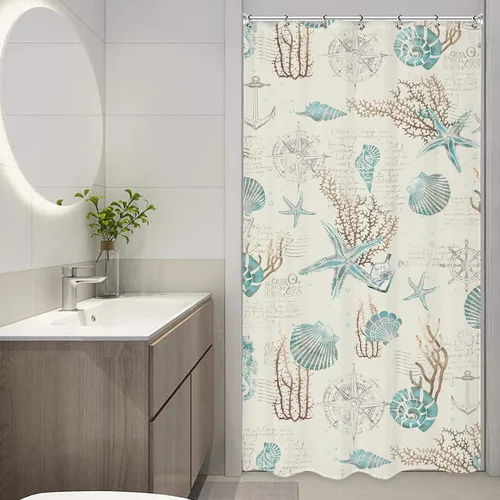 Vista 2 de Omifly - Cortina de ducha pequeña con estrellas de mar y conchas marinas, de 36 pulgadas de ancho x 72 pulgadas de alto, temática náutica