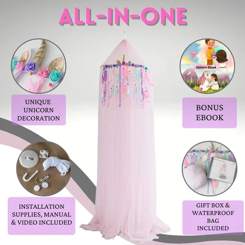 Vista 18 de Jenn & Joos Toldo de cama de princesa sirena para niñas, toldo de cama de mosquitero para cama de tamaño individual/matrimonial/queen, red de cama